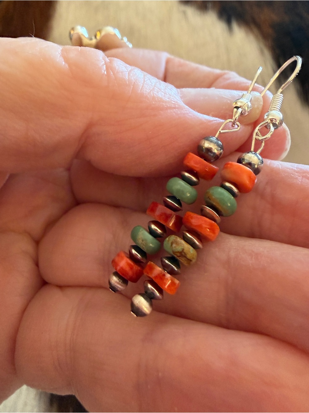 ❤️ Spiny Oyster & Cerrillos Turquoise w Desert Pearls Saucers Sterling Earrings